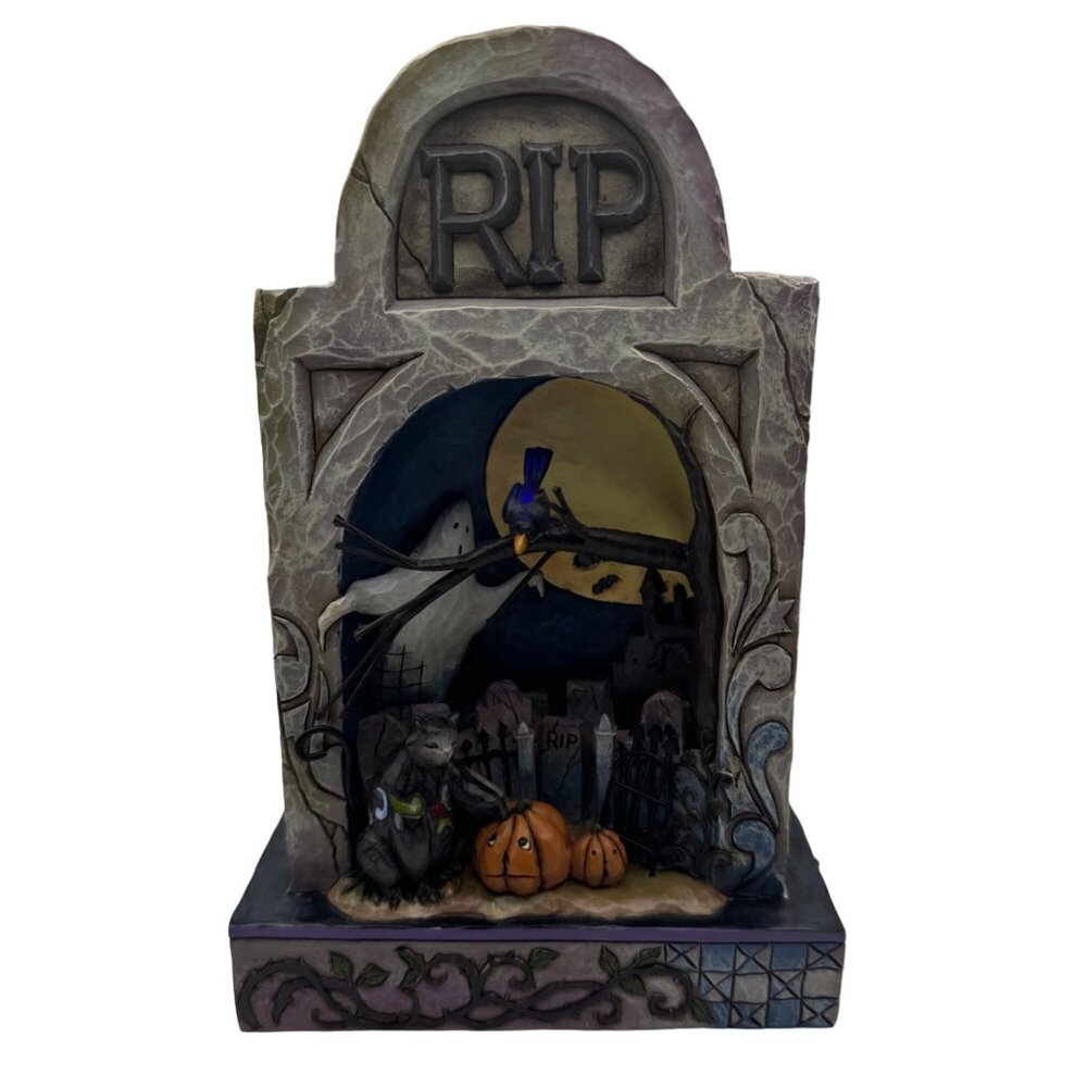 Jim Shore Haunted Eve Halloween Tombstone Figurine With LED Light